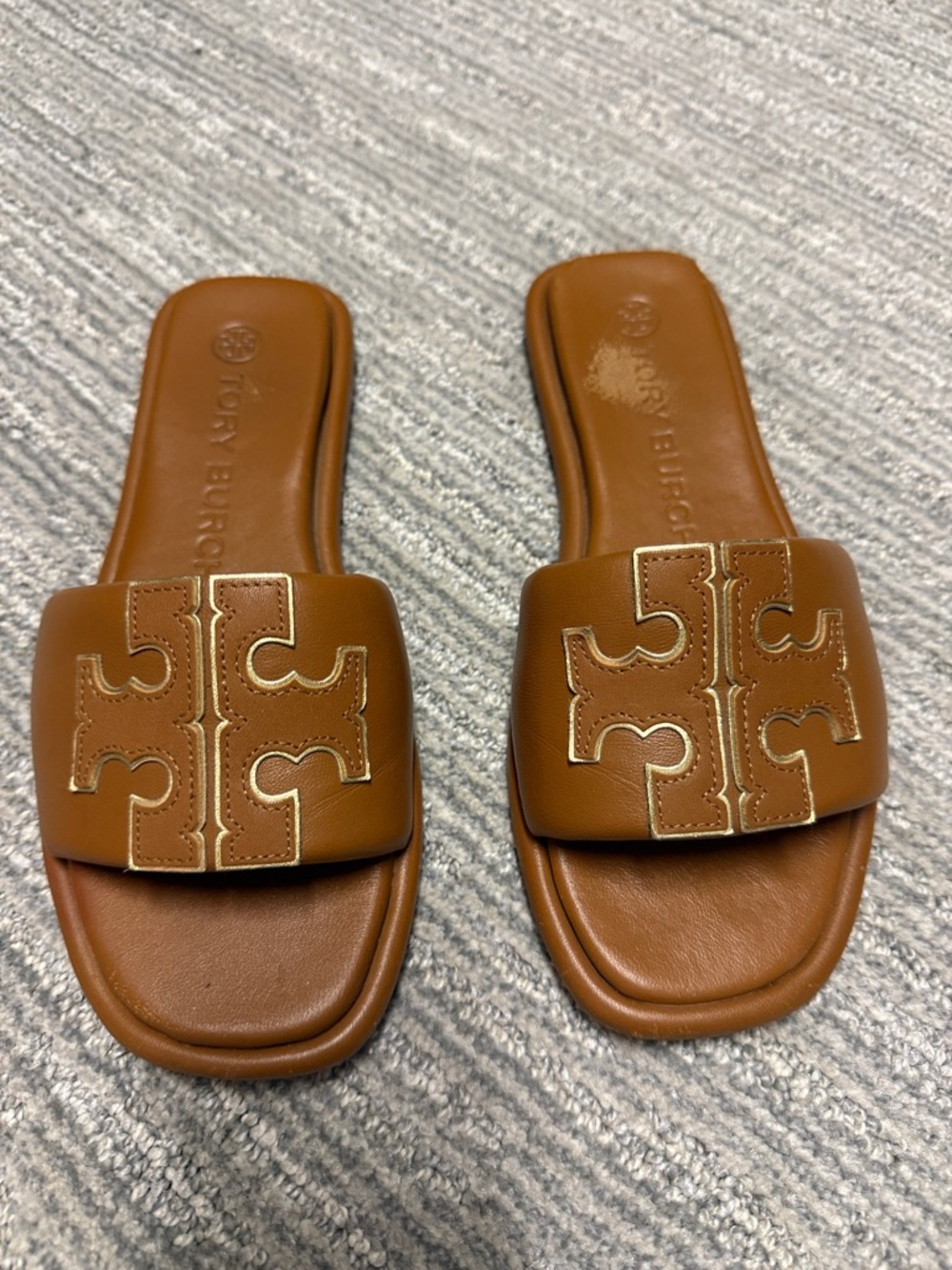 Tory Burch Brown Leather Logo Slide Sandals